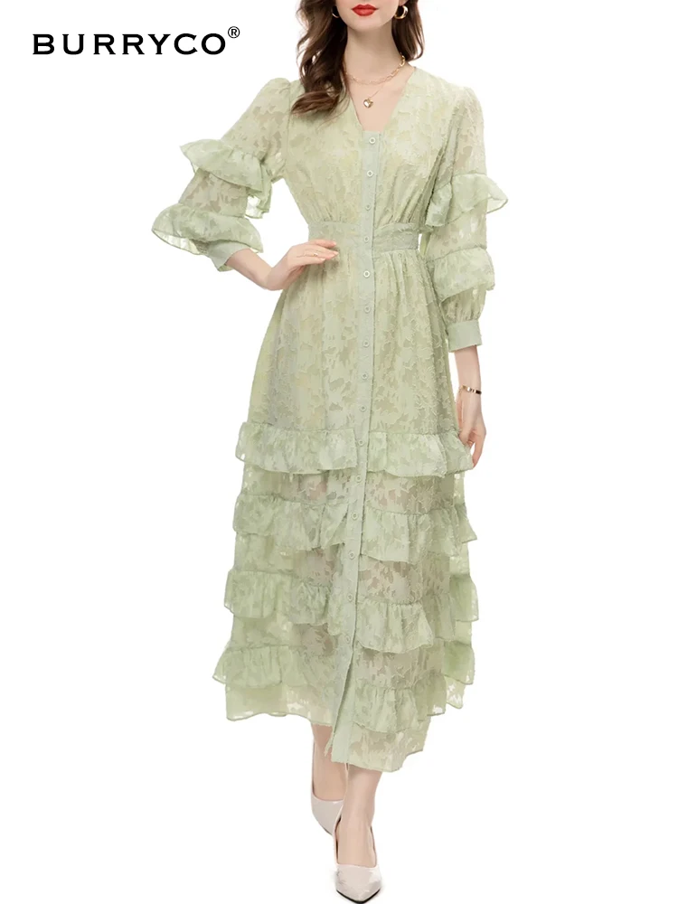 

BURRYCO 2023 Autumn Women's New Chiffon Weaving Jacquard Lotus Leaf Lace Multi Button Cardigan Versatile Dress
