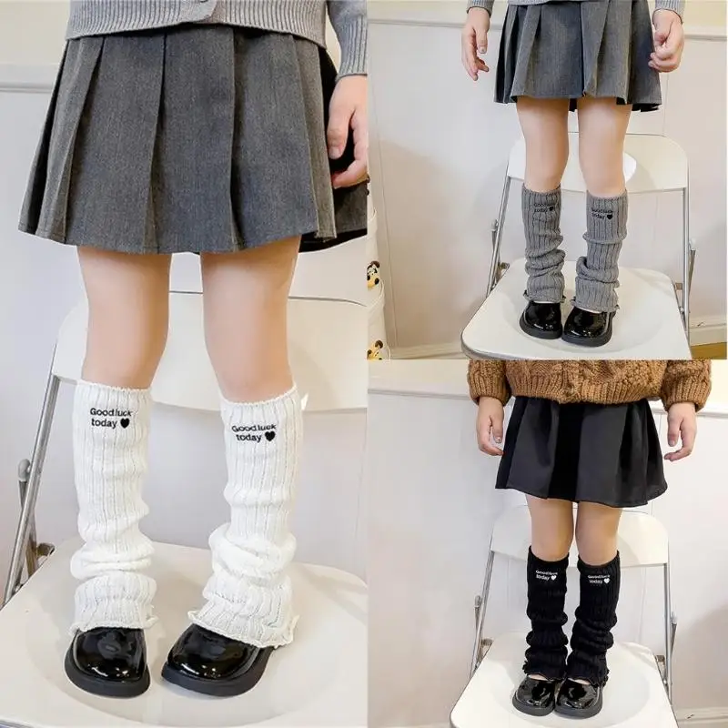 

Comfortable Kids Socks with Delicate Heart Embroidery Charm, Spring Autumn Solid Color Leg Covers Fashion Leg Warmer