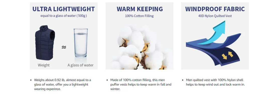 Description Picture 3 of itemGOLDEN CAMEL Puffer Hiking Vest for Men Quilted Men's Winter Coats Padded Sleeveless Jackets Gilet Casual Work Travel Camping