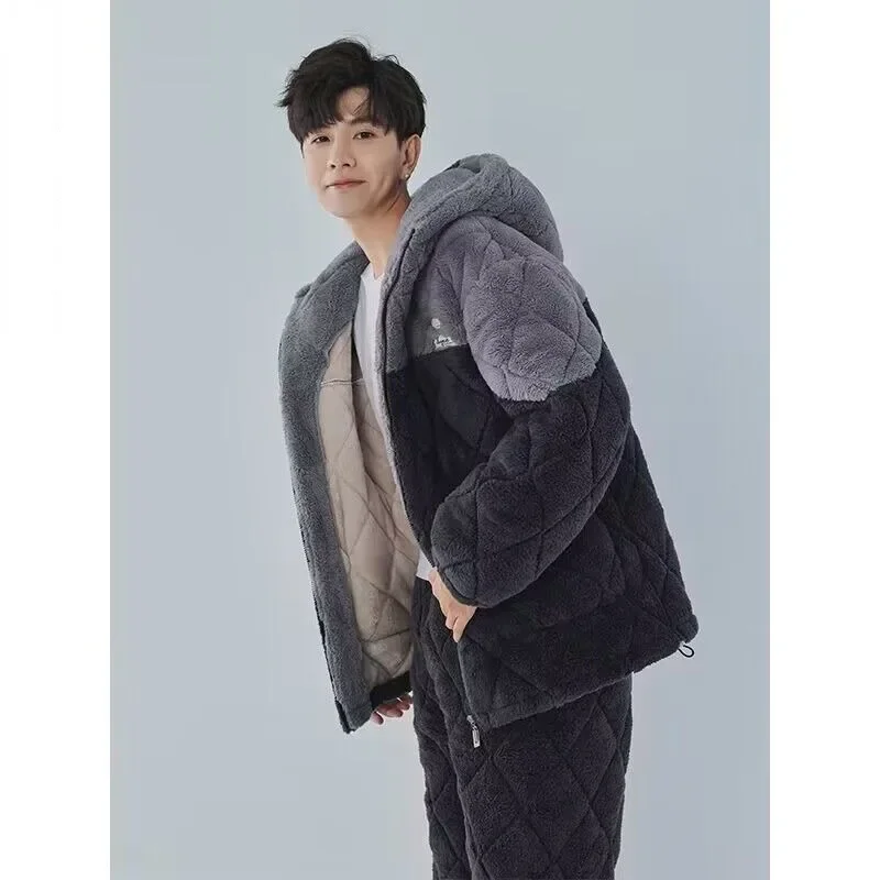 2024 New Sleepwear Men's Winter Coral Velvet Loungewear Three-layer Cotton Sleepwear Thickened Plush Flannel Warm Homewear Set