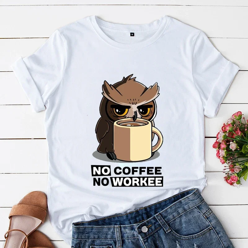 

Мультяшная одежда No Coffee No Workee, модная одежда с коротким рукавом, футболка с рисунком совы, летняя футболка, аниме женская футболка, женские топы
