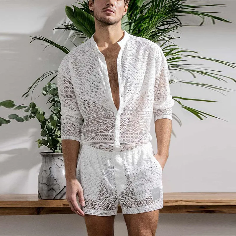 

Men's Summer Hollow Shirt Set Casual Breathable Solid Color Mesh Short Sleeve Shirt Beach Shorts Fashion Men's Clothing Sets