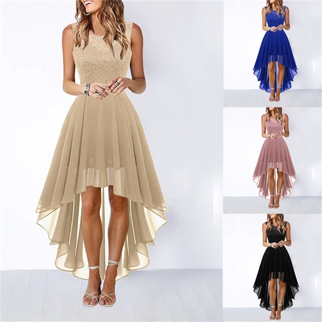 Women Evening Dress Sexy Lace Patchwork Large Swing Dress Front Round Neck Dinner Dress Solid with Back Tied Excellent product recommendation