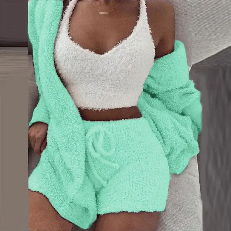 GETERUUV Dames Cozy Knit Set 3-delig Warm Fluffy Fleece Lounge Sets Crop Top, Shorts & Long Coat Casual Loungewear Pyjama Outfits, groen A (2-delig), M