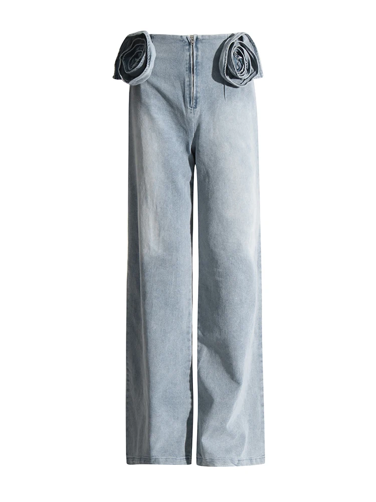 TWOTWINSTYLE Patchwork Appliques Loose Csual Denim Pants For Women High Waist Spliced Zipper Straight Leg Jeans Female Fashion
