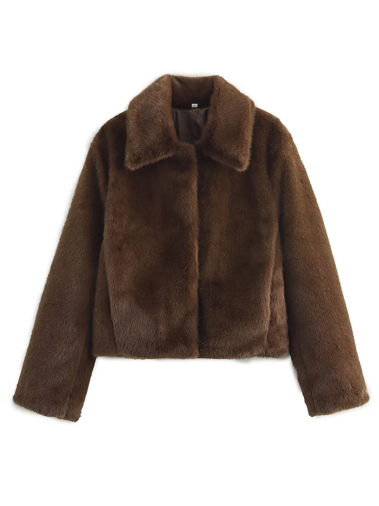 Women's Solid Faux Fur Lapel Coat Light Luxury Fashion Cropped Fluffy Fur Jacket Coat Winter High Street Thicken Outerwear