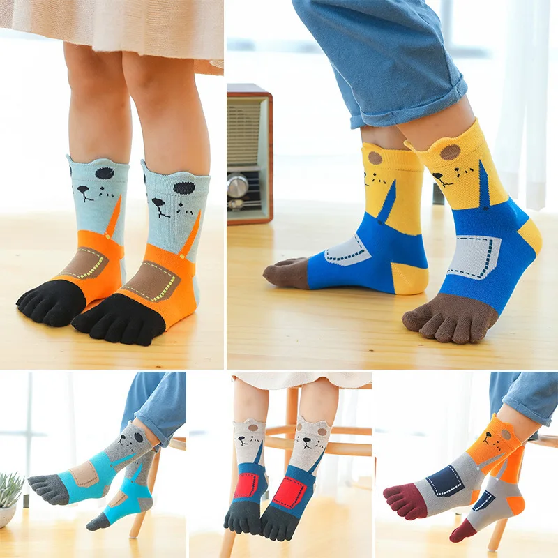 5 Pairs Children's Cartoon Calf Socks with Fingers Cute 3D Bear Sock Pure Cotton Breathable Toe Health Socks for 3-7-12Y Kids