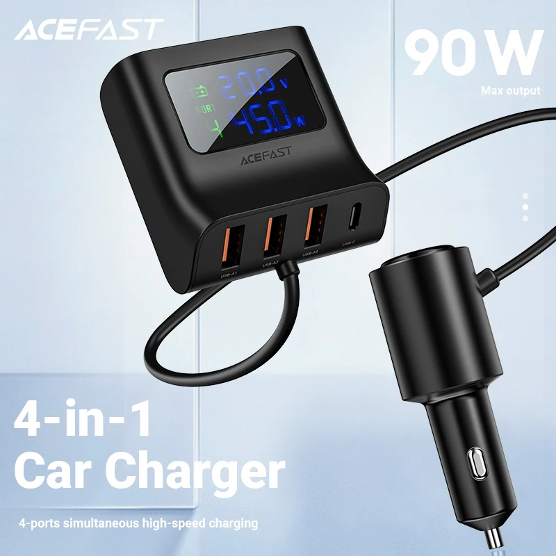 Acefast Usbカーチャージャー 4ポート シガレットライターソケット Splitpd Qc3 0 90w Ledディスプレイ 電圧計 ドック 急速充電ステーション 車の充電器 Aliexpress