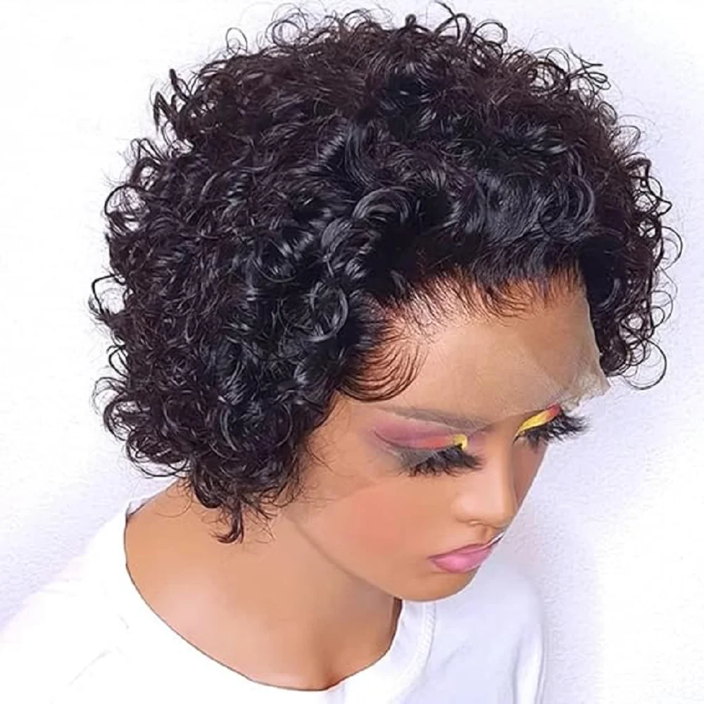 Perruques Pixie Cut en Cheveux Humains, Perruques Bouclées Vietnamiennes, Perruque Courte Bob Ondulée Effet Mouillé Couleur Marron 99J, Perruques Lace Front Transparentes 13×1, Densité 180%