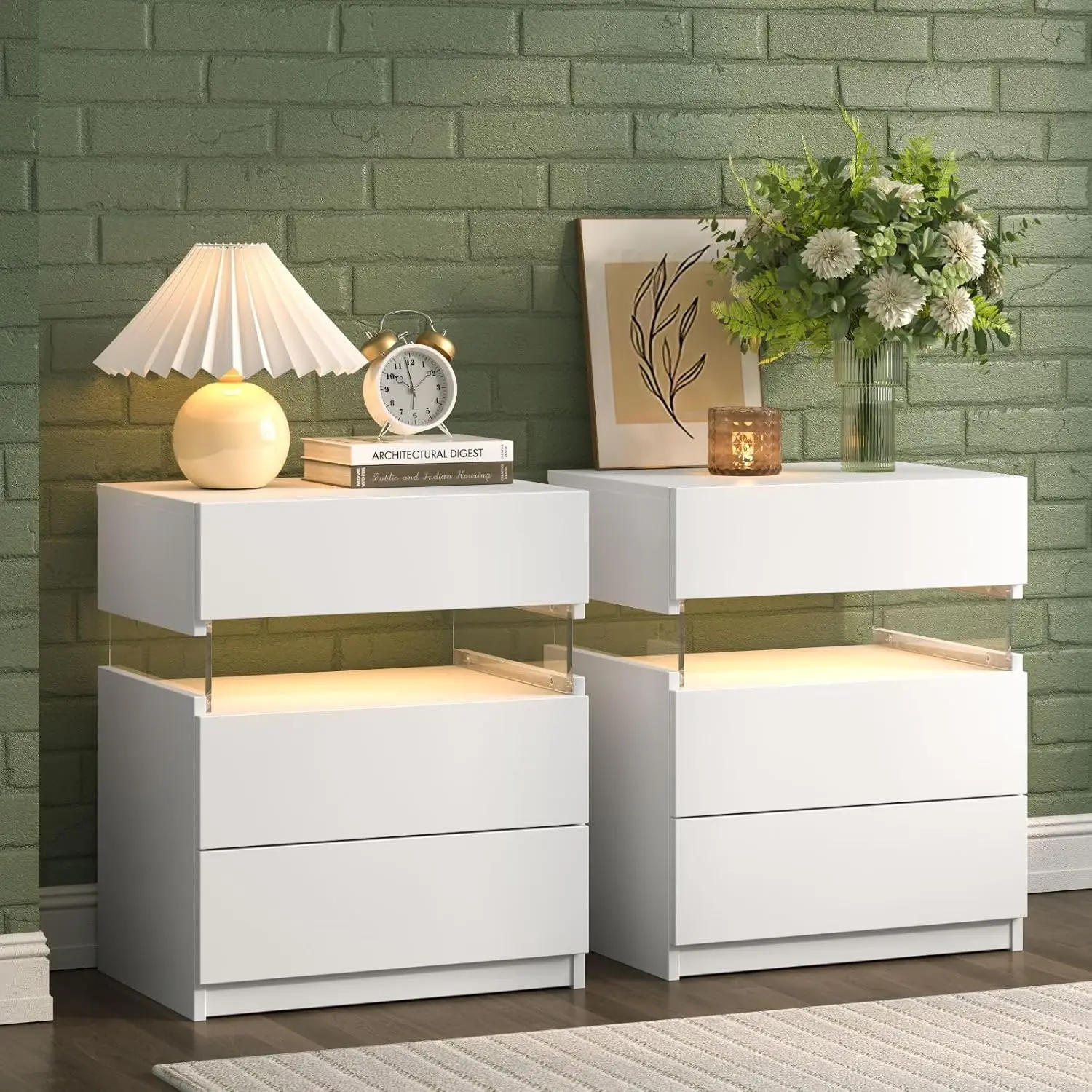 Nightstands Set of 2 White Night Stand Set 2 LED Night Stand White