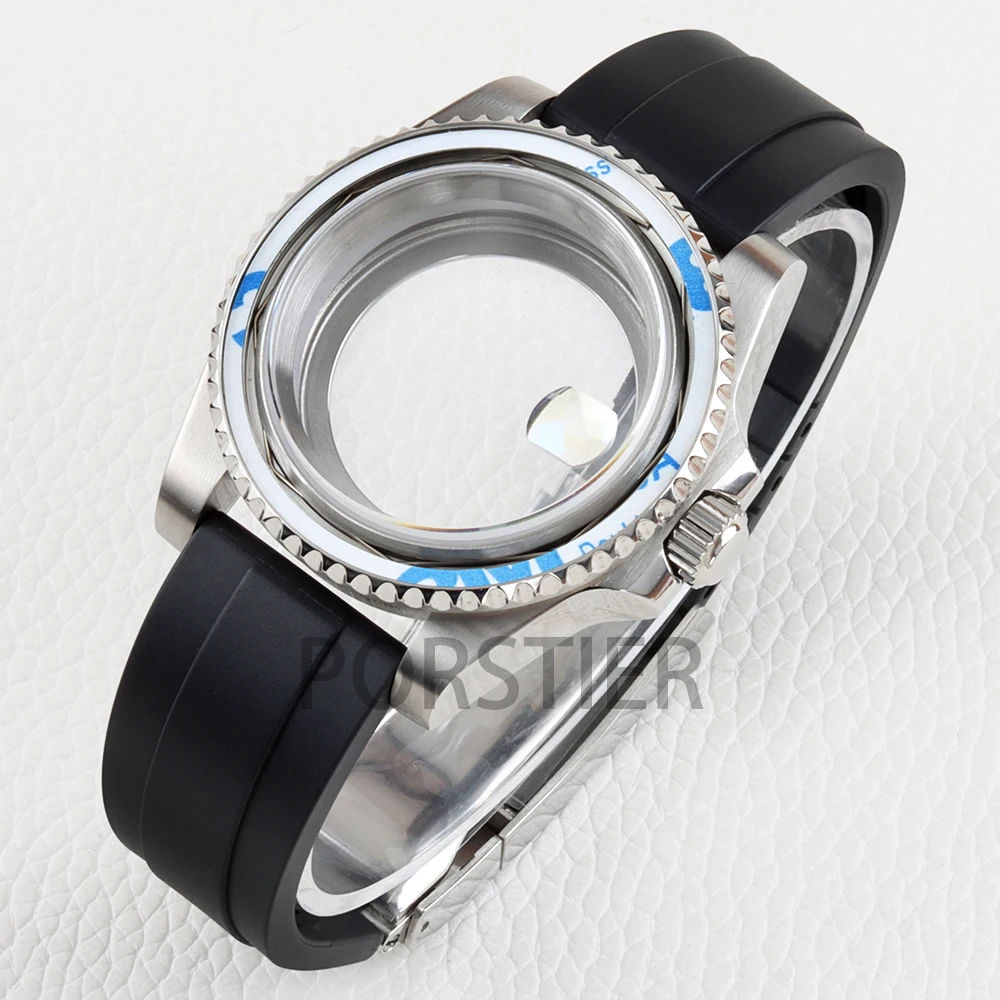 Stainless Steel 40mm Yacht Watch Case with Sapphire Glass & Rubber Strap - 100m Waterproof