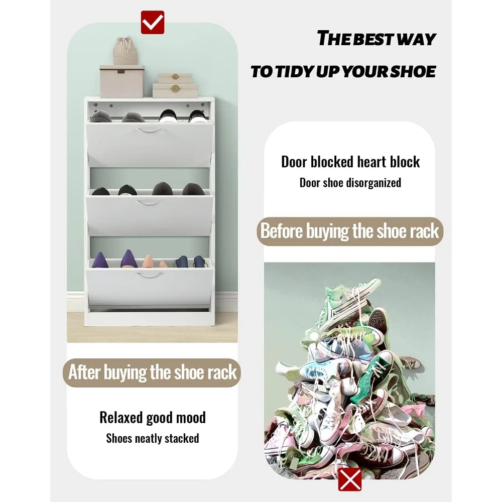 Shoe Cabinet for Entryway, White Narrow Storage Cabinet Flip Down Shoe Rack Wood 3 Tier Organizer