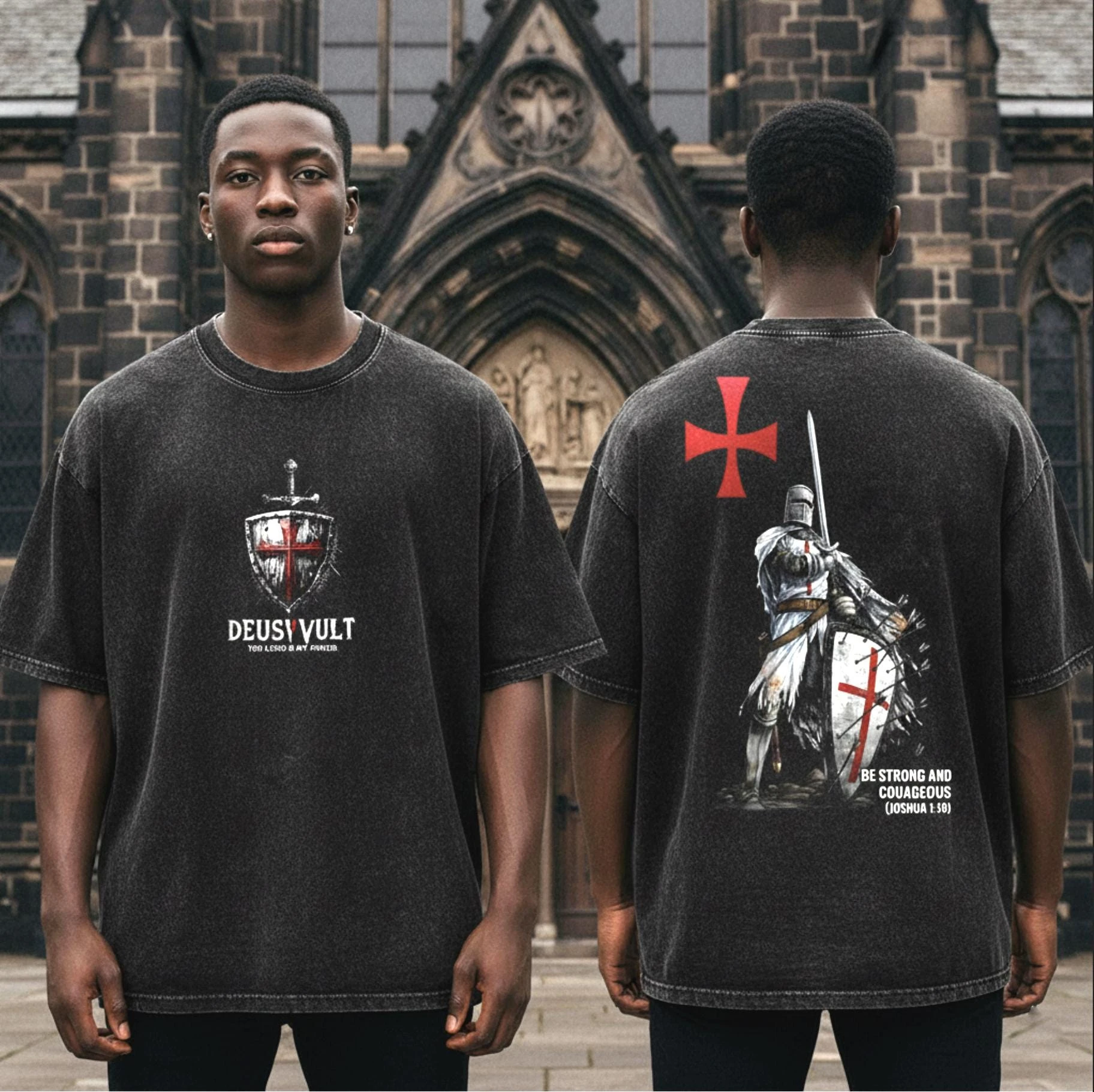 Deus Vult Washed Oversized Y2k T-Shirt für Männer und Frauen Streetwear Tee Mittelalterlicher Kreuzritter Streetwear Joshua Warrior Knight Grafik-Top