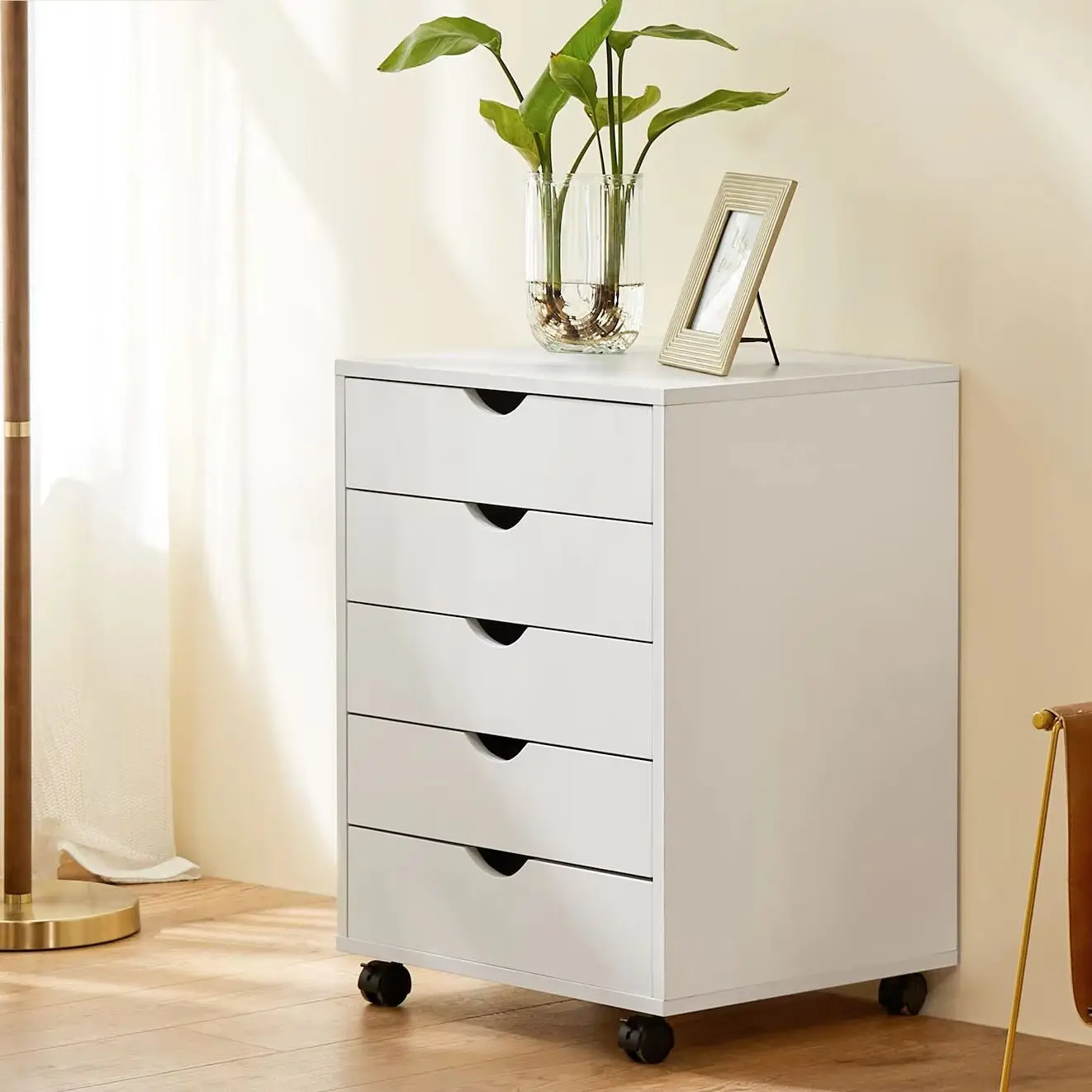 JHK Wood Nightstand Cabinet 5 Drawers Waterproof Surface Storage Organizer File Office Easy To Move Bedside Table Rotating Wheel