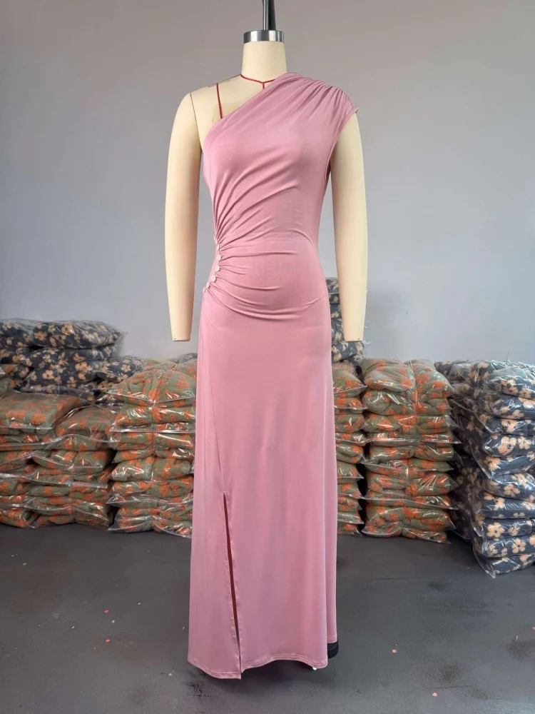 Wmstar Dress Women Wholesale A New Summer 2025 with A Stylish Slanted Collar Pleated Diamond Encrusted Waist Irregular Length