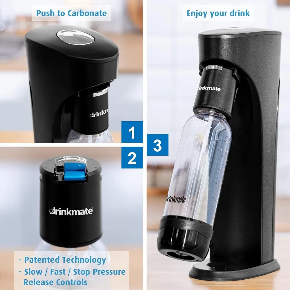 OmniFizz Sparkling Water and Soda Maker, Carbonates Any Drink, with 3oz CO2 Test Cylinder (Matte Black)