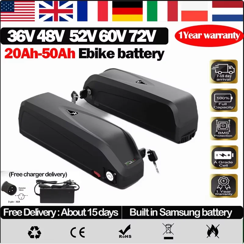 New Original Electric Bike Battery 36v48v52v60v72v Down Tube Lithium Battery 20 24ah 30 40ah 50ah 750w High Power battery 2000w