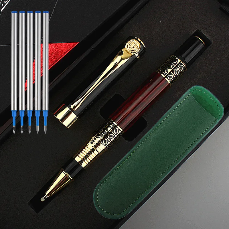 Hot Selling PU Leather BAG  Metal Roller Ballpoint Pen Office Business Men Writing Pen