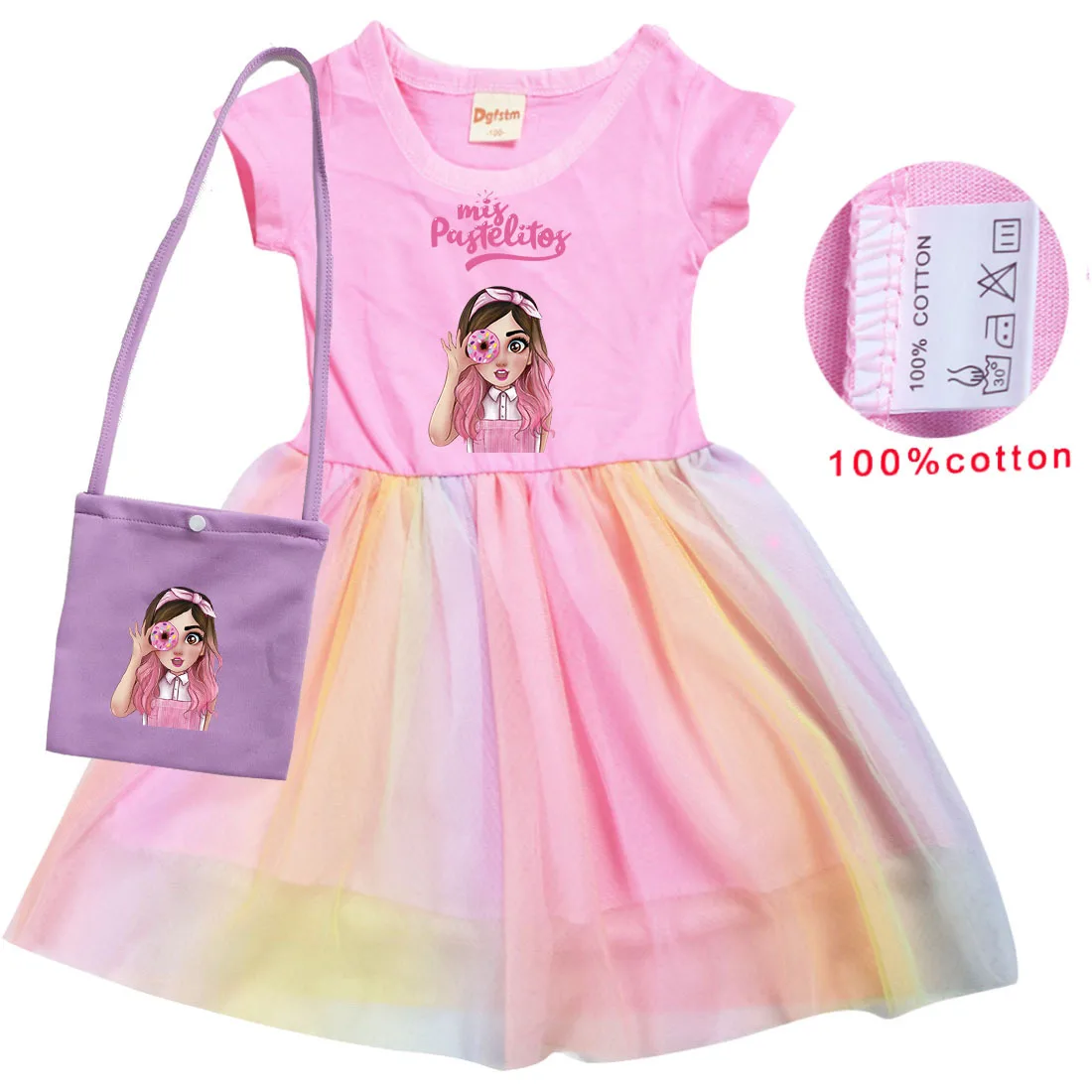 Mis Pastelitos Cartoon Costume Kids Summer Rainbow Dress Girls Wedding Party Princess Vestidos Baby Girl Short Sleeve Dresses