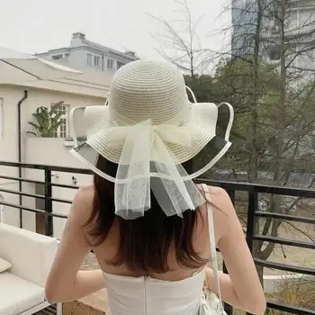 New Foldable Wide-brimmed Girl Straw Pearl Sun Hat Beach Wave Hat UV Protection Travel Hat Lady Beach Hat Birthday Gift 2