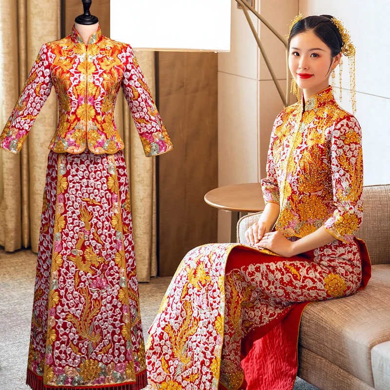 

Female Dragon and Phoenix Embroidery Chinese Style Wedding Dress Elegant Cheongsam Marriage Set Bride Costume Slim Toast Clothin