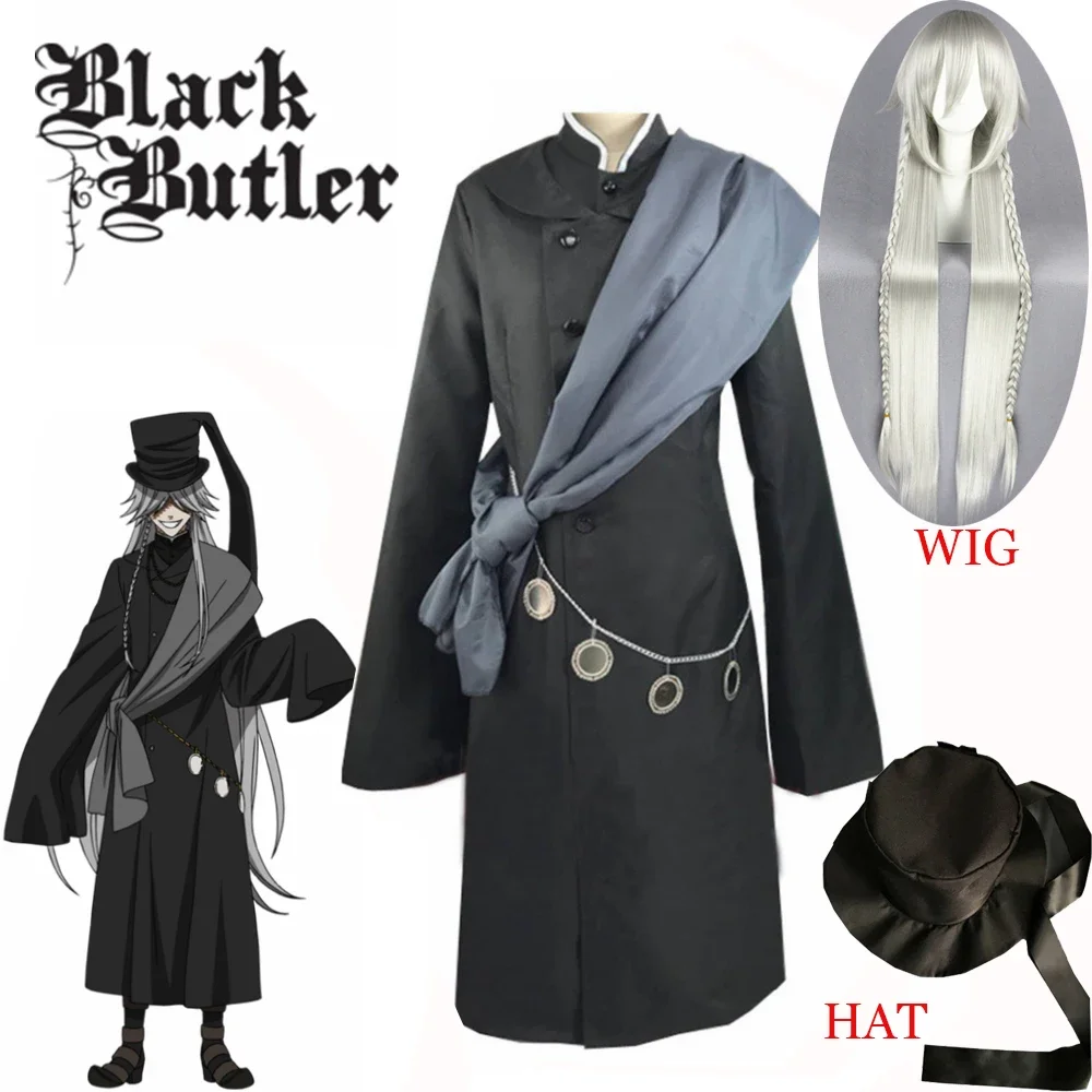 

Black Butler Kuroshitsuji Undertaker Cosplay Costume Halloween Party Costumes Custom Made Full Set Hat Chain and Wig+Wig cap