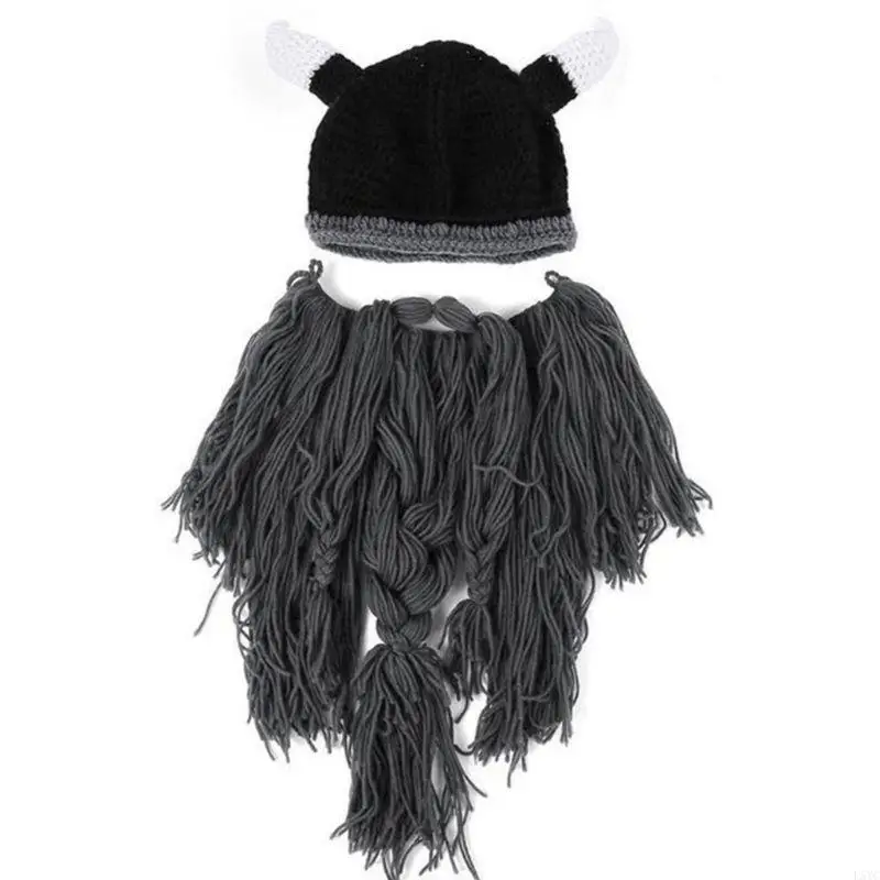 L5YC Interesting Barbarian Vagabond Beanie Hat Halloween Horns Bearded Caps Warm Keep Ear for Protection Hat for Women