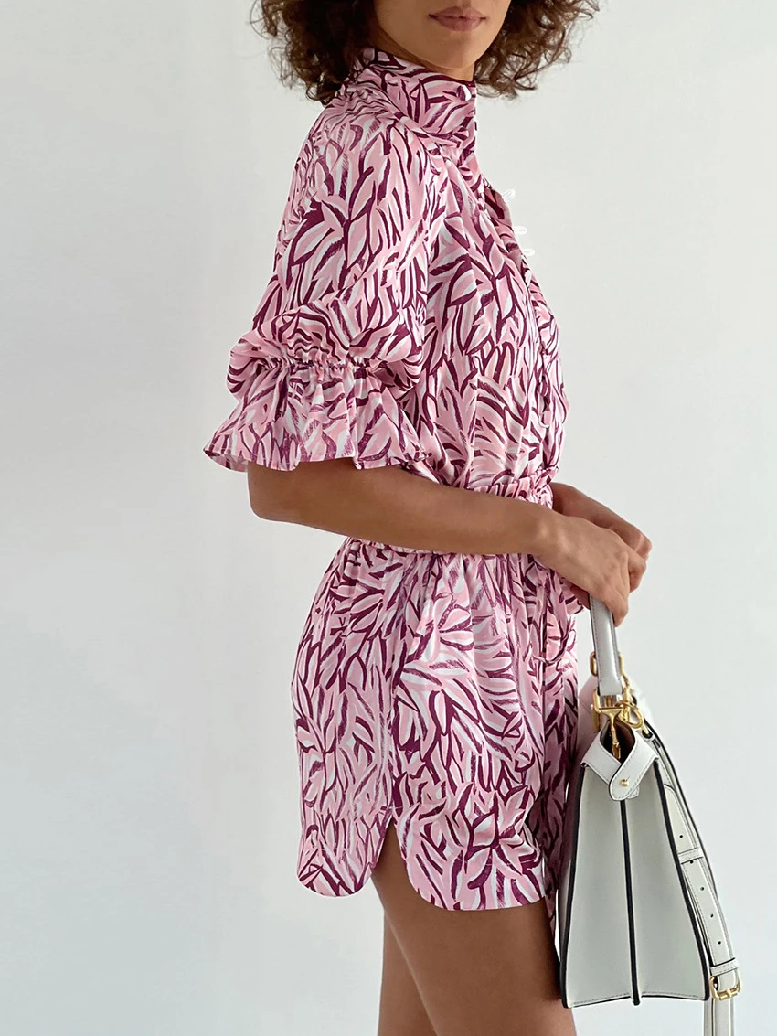 Marthaqiqi Printing Ladies Nightgown Suit Turn-Down Collar Sleepwear Lace Up Half Sleeve Nightie Shorts Casual Female Pajama Set