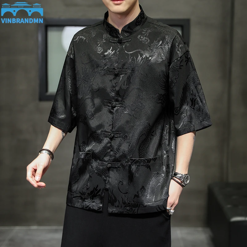 

Chinese Style Retro Tang Suit Rayon Print Dragon Suit Plus Size Hanfu Men Oriental Clothing Black Short Sleeve Blouse Shirt