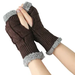 Cozy Wool Knit Fingerless Furry Gloves for Women - Autumn Winter Fashion Warmers (Coffee)