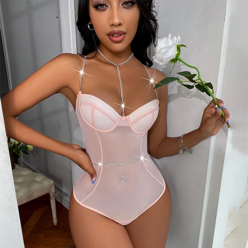 

women sexy lingeire bodysuit lace see through High Quality 2022 Net Red Summer New Metal Chain Suspender Top Open Back Jumpsuit