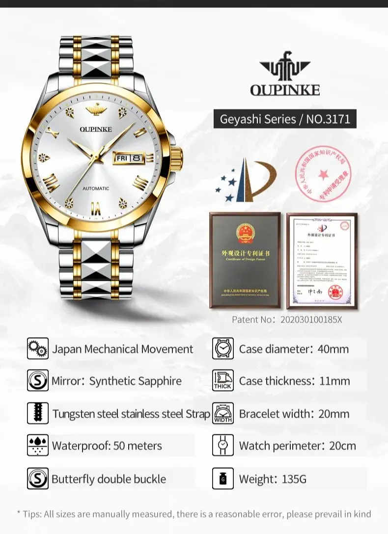 OUPINKE 3171 Automatic Watch For Men Dual Calendar Roman Scale Original Mechanical Wristwatch Luxury Business Man Dress Watches