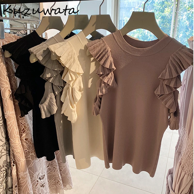 Kuzuwata camisas japonesas de punto para mujer, plisadas con volantes y hombros descubiertos, temporada primavera y otoño, 2023|Pulóveres| - AliExpress