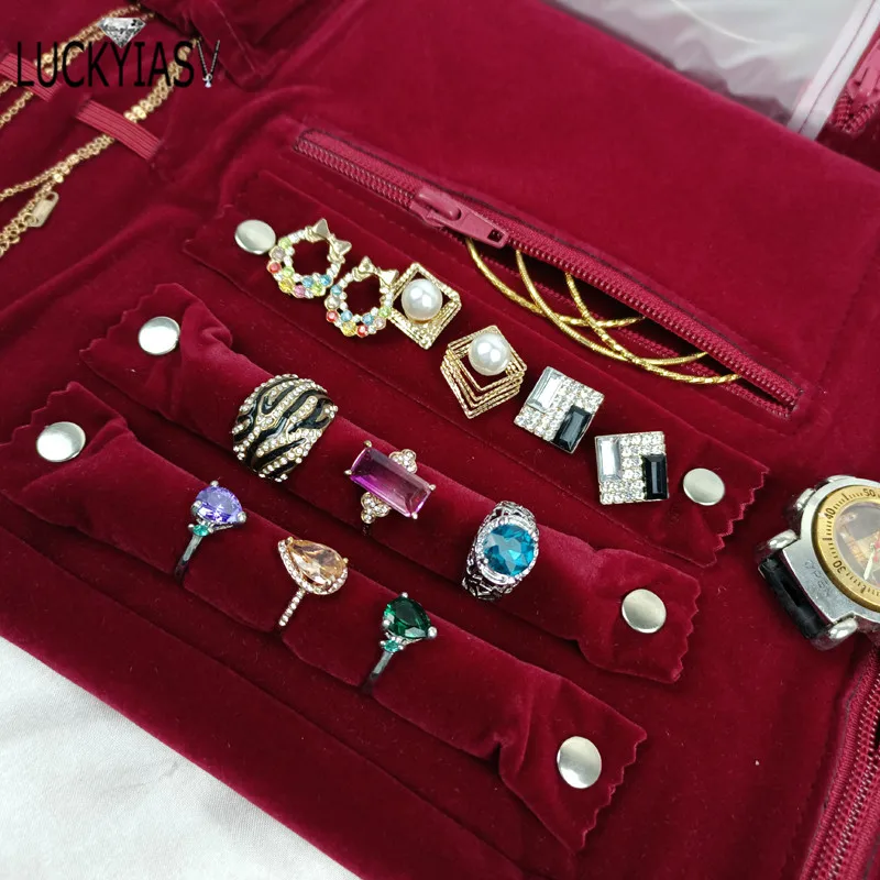 Burgundy Portable Travel Jewelry Organizer Roll Foldable Jewelry Case for Journey-Rings Necklaces Jewerly Storage Velvet Bag