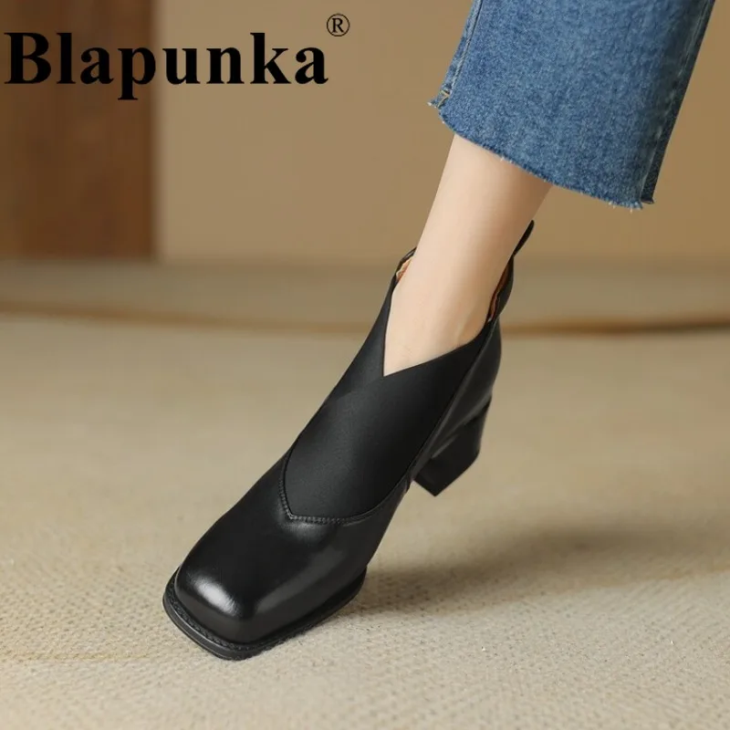 

Blapunka Women Genuine Leather Ankle Boots High Quality Block Heels Slip-on Booties Woman Winter Retro Brown Square Toe Shoes 42