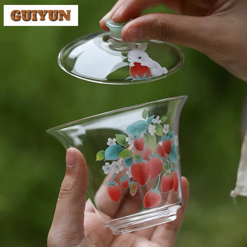 155ml Strawberry Heat-resistant Glass Gaiwan Luxury Tea Tureen Household Tea Making Cover Bowl Services Equipment Ornaments