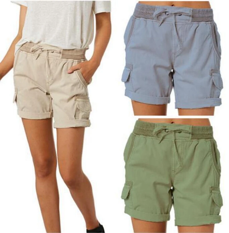 

Women Shorts Cargo Pants Cotton Linen Shorts Solid Multi-Pocket High Waist Drawstring Shorts Summer Casual Beach or Street Wear
