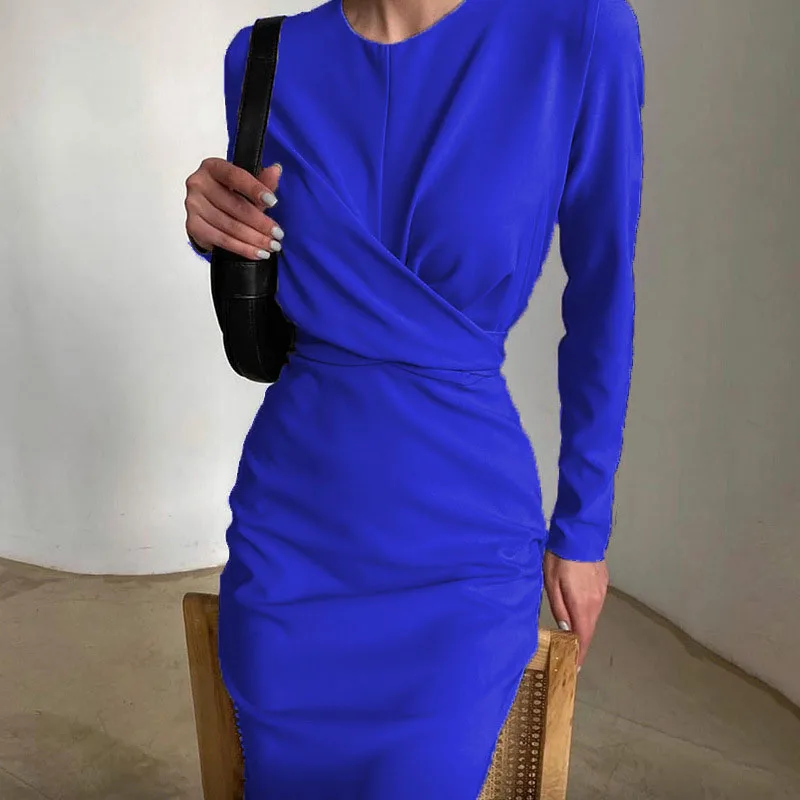 

Осеннее элегантное женское облегающее платье со складками, модное платье средней длины с круглым вырезом и длинным рукавом в стиле High Street, женское сексуальное платье