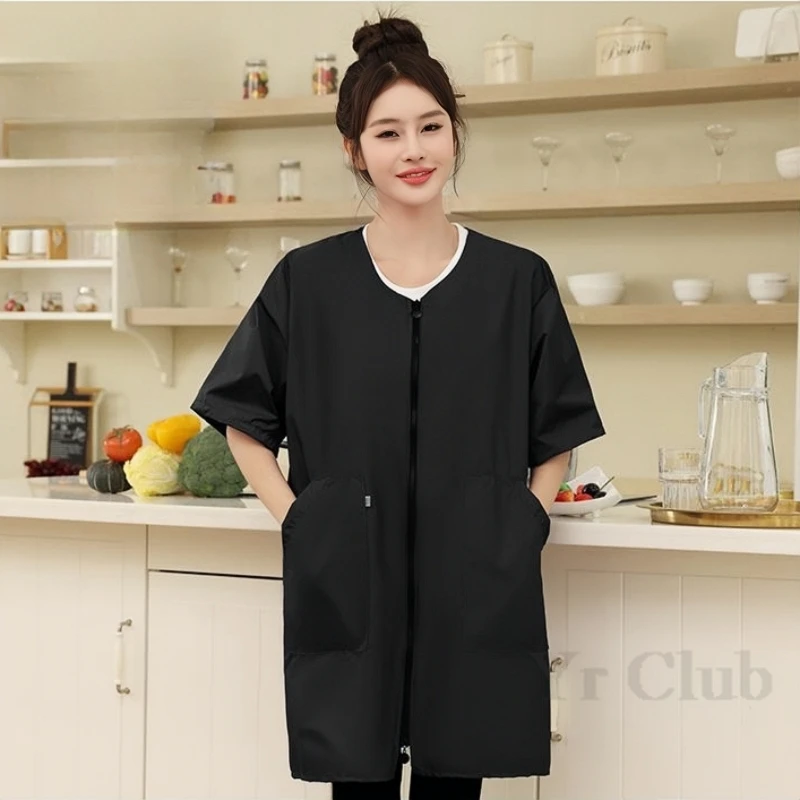 Short Sleeved Kitchen Women's Waterproof And Oil Resistant Kitchen And Home Coat Work Clothes  Pet Clothing Two Way Zipper Apron 6