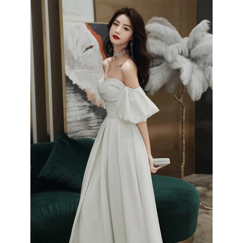 

Women's A-Line Evening Dress French Style Simple Solid Color Slash Neck Off Shoulder Puff Short Sleeve Prom Dresses for Ladies