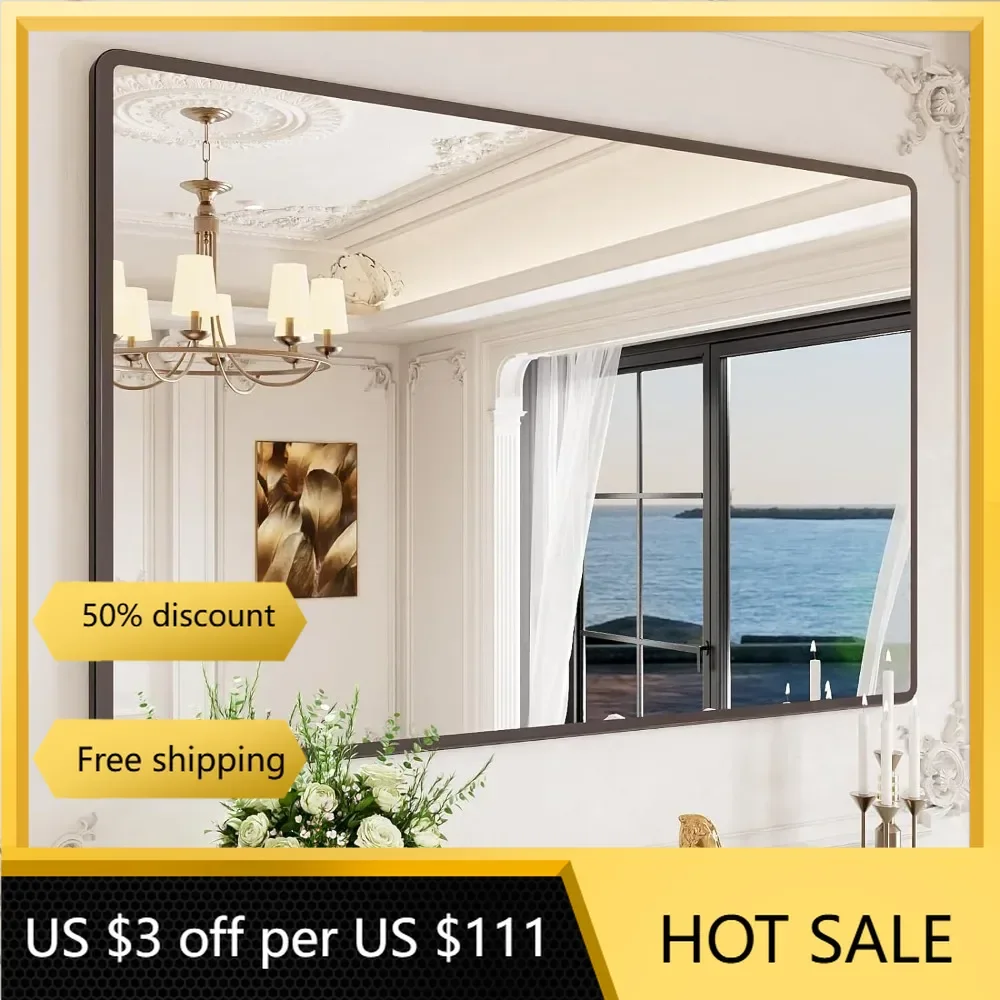 New Upgrade 55X36 Inch Wall Mounted Bathroom Mirror, Black Metal Frame Rounded Rectangle Mirror, Bathroom Vanity Mirror
