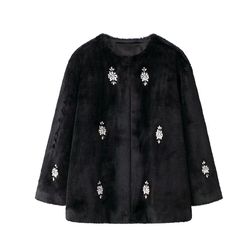 Abrigo de piel con joyería vintage para mujer, chaqueta holgada de manga larga con cuello redondo y felpa negra de invierno, abrigo grueso y cálido elegante para mujer