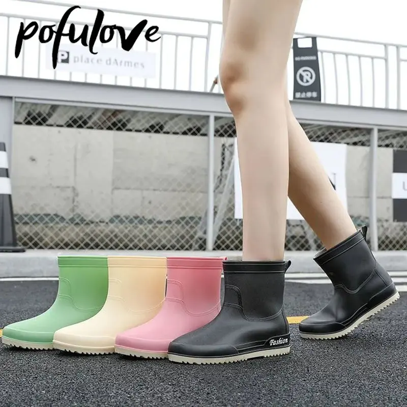 

Pofulove Women Fashion Short Tube Rainshoes Outdoor Anti Slip Flat Heel Thick Sole Waterproof Rubber Shoe Dropshipping Wholesale