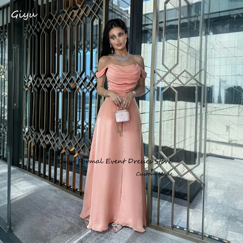 

Giyu Simple Blush Pink Silk Organza Evening Dresses Off Shoulder Floor Length Prom Gowns Formal Party Dress Arabic Women