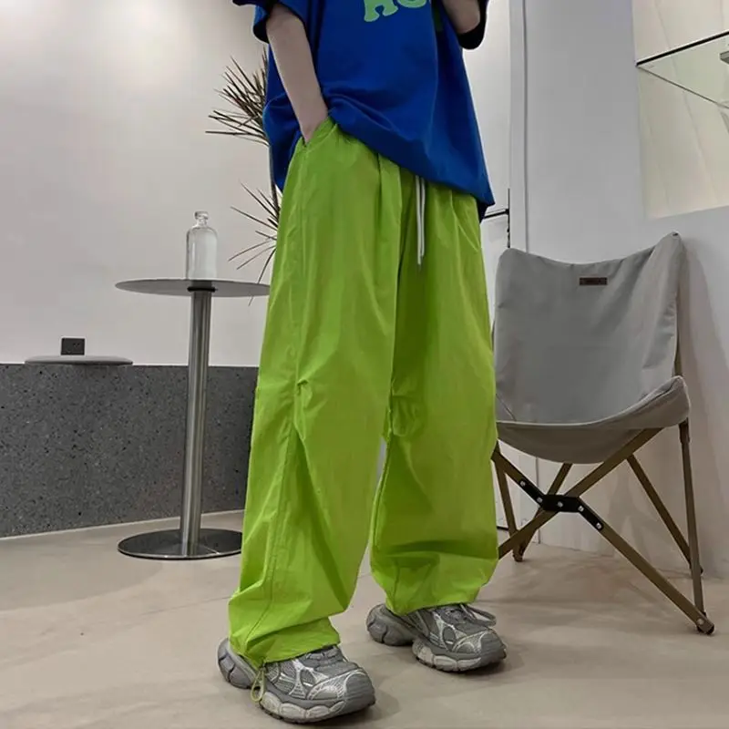 Summer Solid Color Fashion Elastic Waist Wide Leg Trousers Man Drawstring Loose Casual Pockets Patchwork Thin Personality Pants