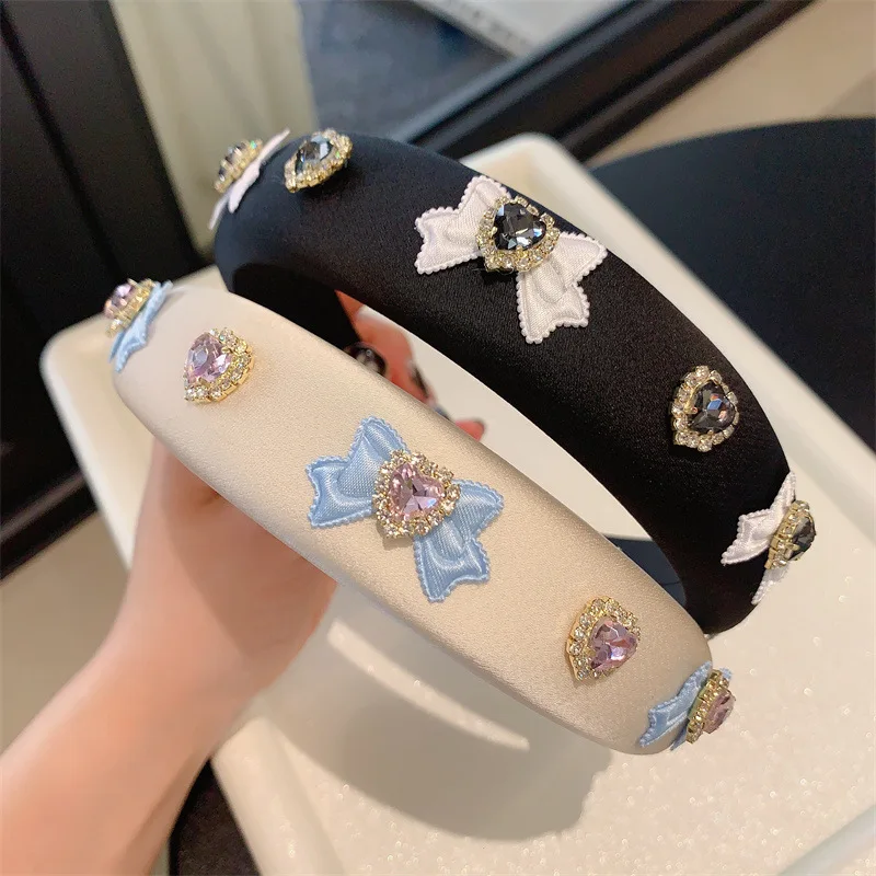 

Korean Fashion Love Heart Bow Tie Rhinestone Sponge Headband for Women