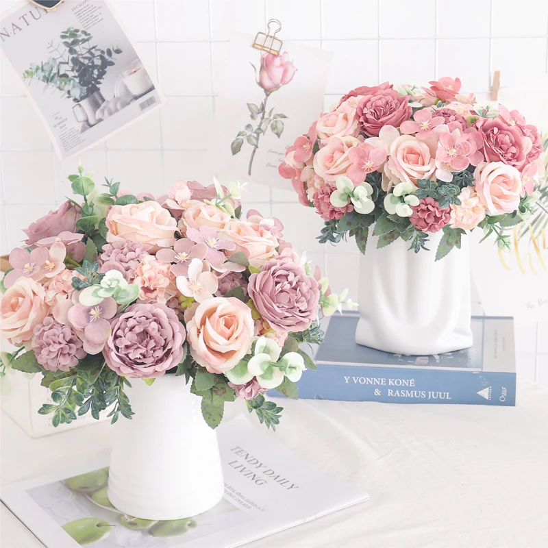 Artificial Flowers Silk Peony Hydrangea For Living Room Home Decoration Wedding Bride Bouquet Rose Fake Plants Table Accessories 1