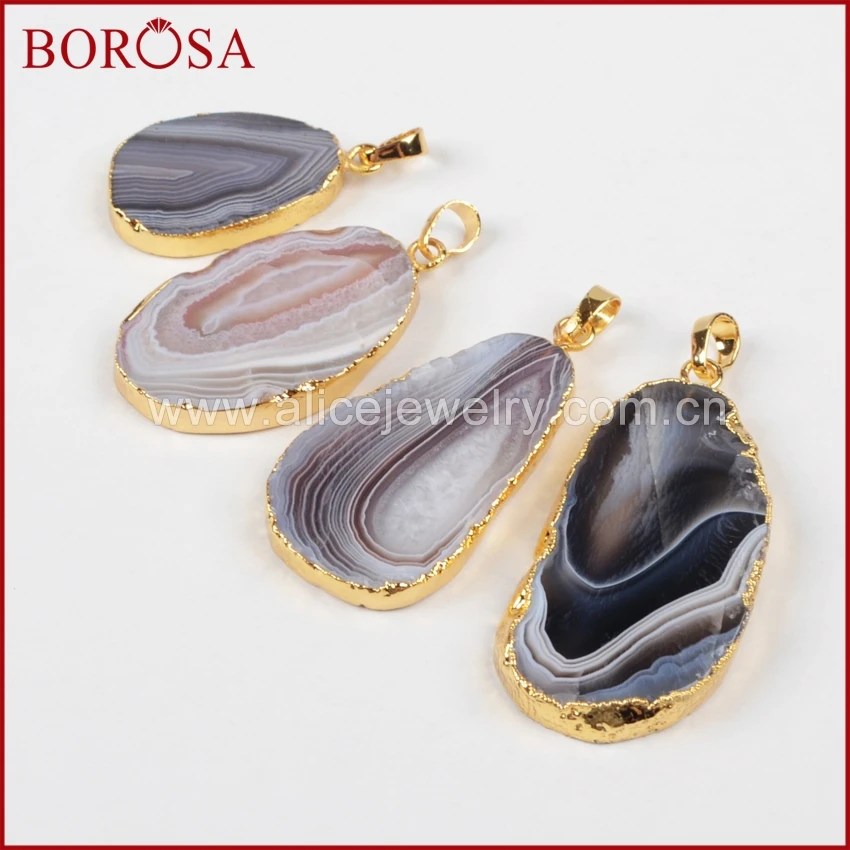 Fashion Gold Plated Natural Onyx Botswana Agate Slice Pendant Bead for Necklace Natural Gemstone for Necklace Accessories 4