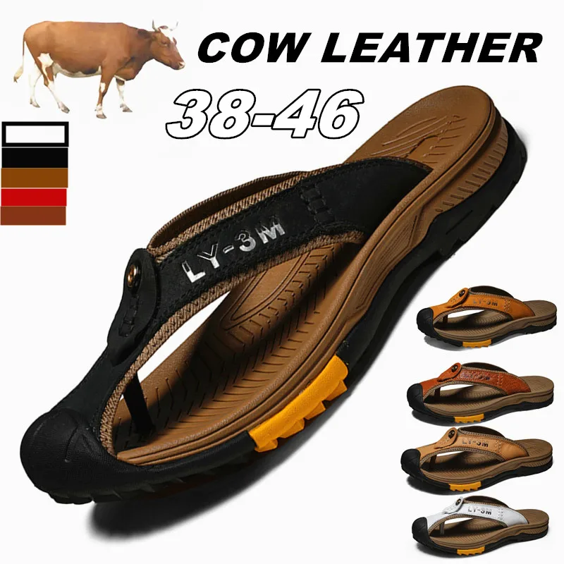 Men Cow Leather Beach Flip Flops Sandals