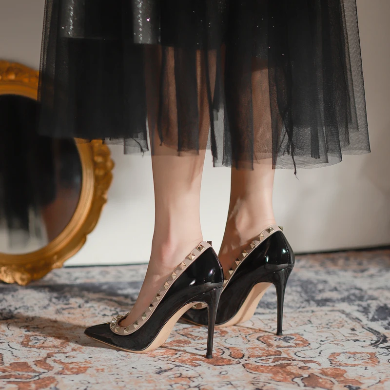 2023 New Luxury Brand High Heels Women's Shoes Metal Rivet Pointed Black Pumps Fashion Sexy Genuine Leather Women's Single Shoes 5